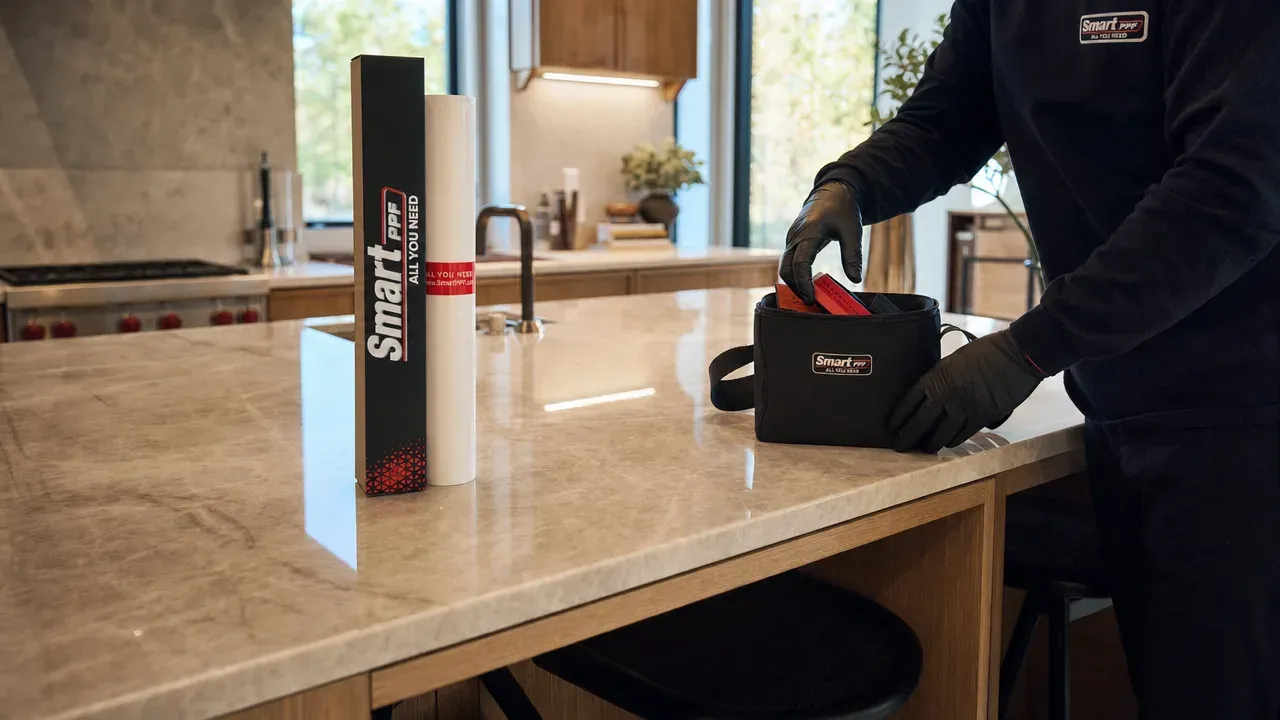 Technician packing up after a surface protection install in a bright modern kitchen